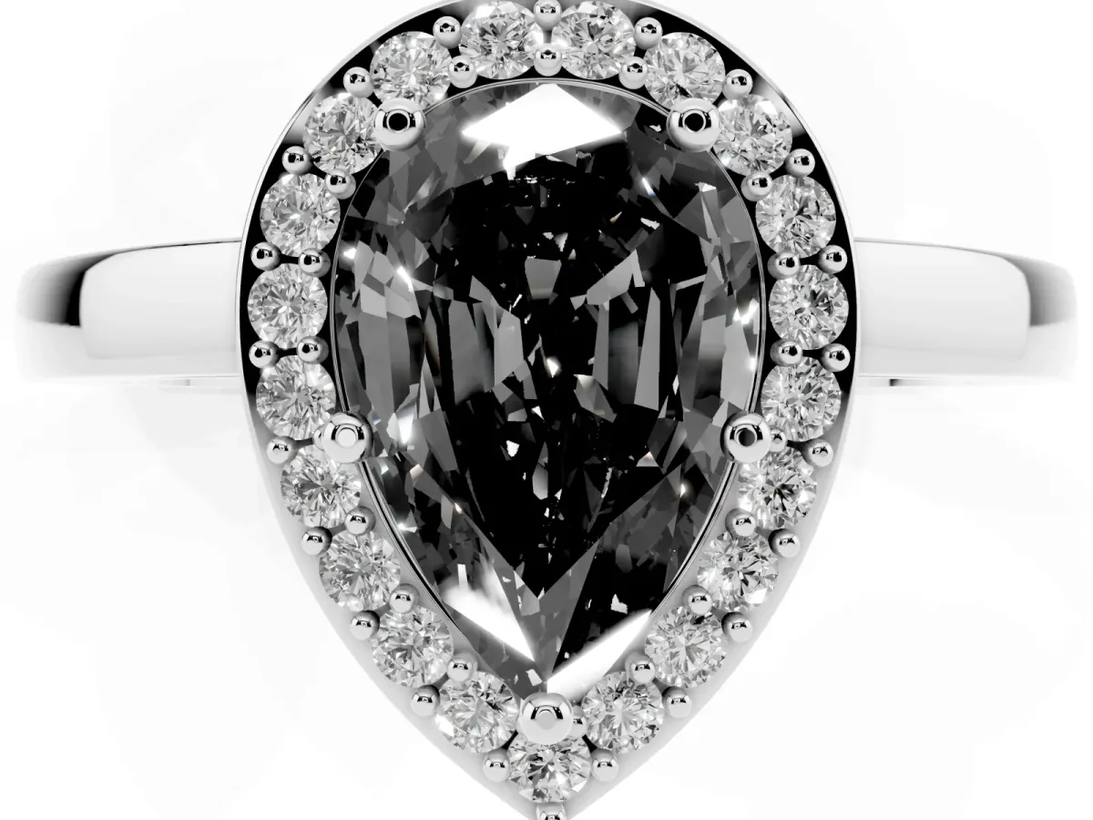 Fancy Black Pear Cut Halo Diamond Ring with Solitaire Band and Prong Setting Silver