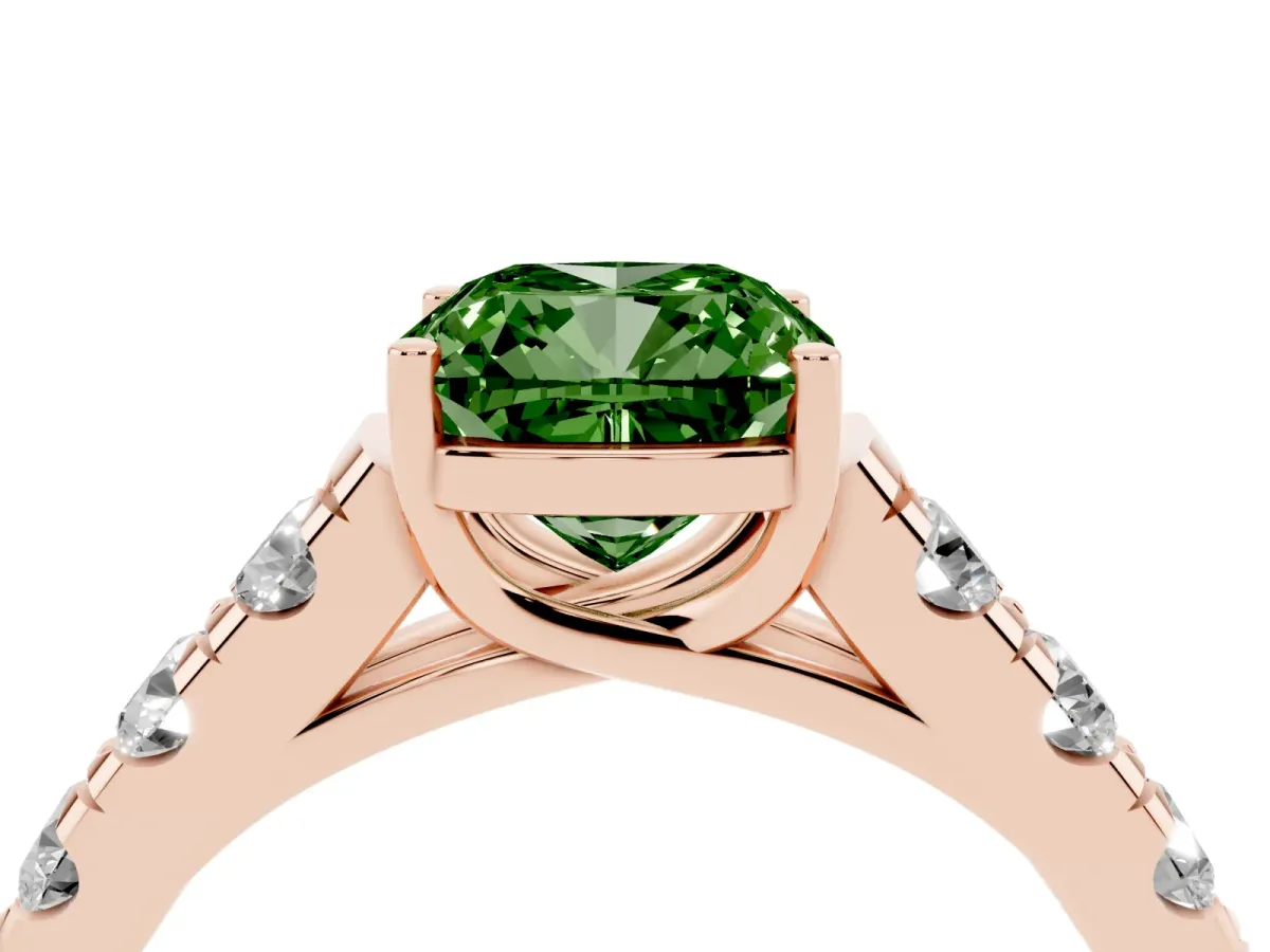 Fancy Green Cushion Cut Cut Diamond Solitaire Ring with Micro Pave Band and Prong Setting Rose gold