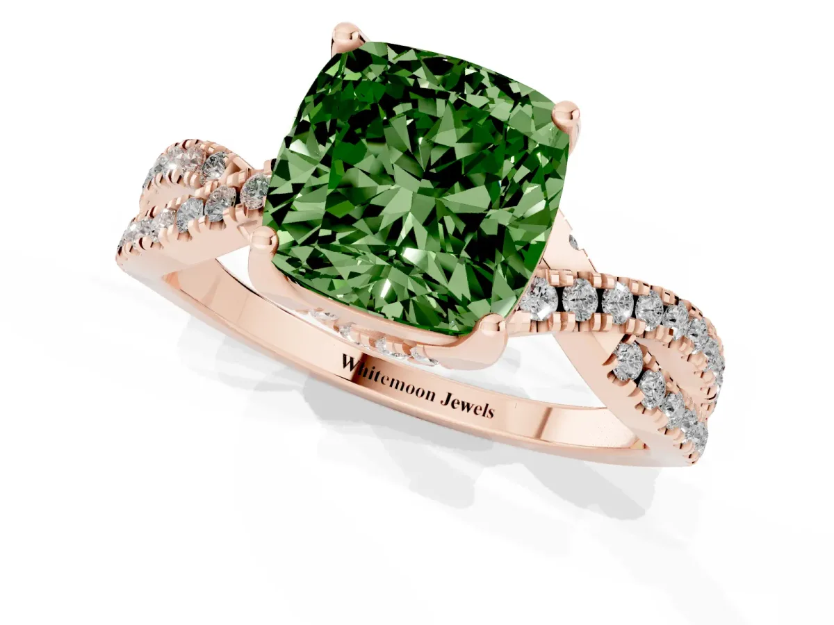 Fancy Green Cushion Cut Solitaire Twist Pave Diamond Engagement Ring with Prong Setting Rose gold