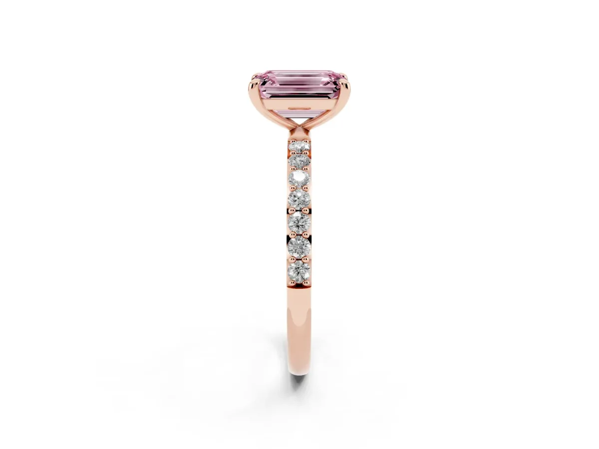 Fancy Pink Emerald Cut Diamond Solitaire Ring with Round Pavé Band and Prong Setting Rose gold