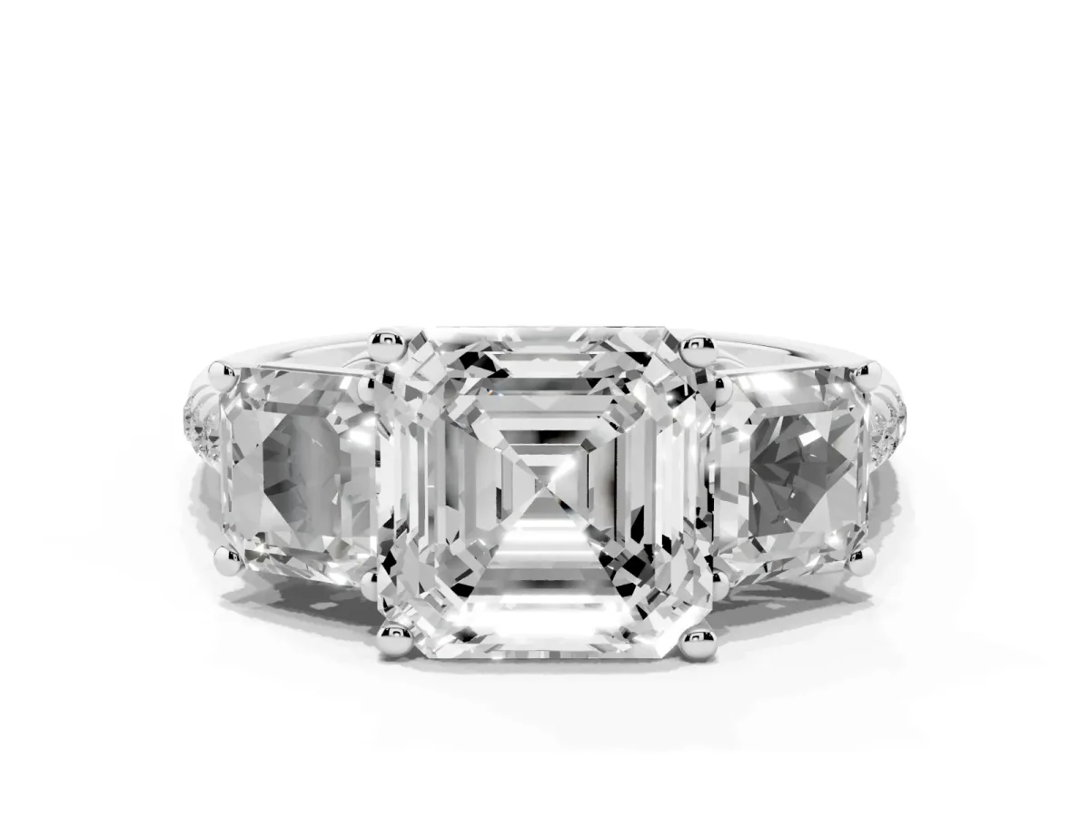 Three-Stone Asscher Cut Diamond Ring with Round Pavé Band and Prong Setting Silver