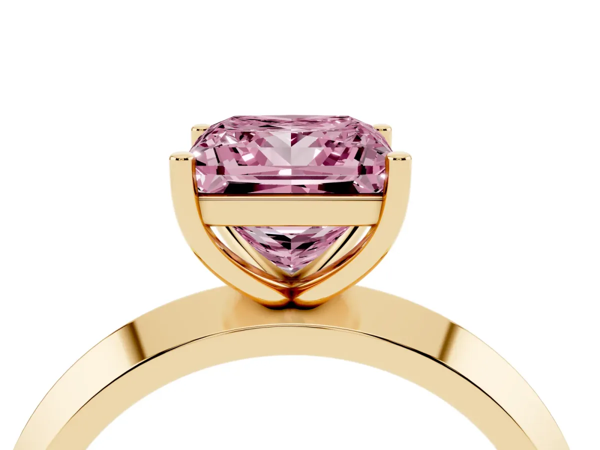 Fancy Pink Princess Cut Cut Solitaire Engagement Ring with Flat Band and Four-Prong Setting Yellow gold