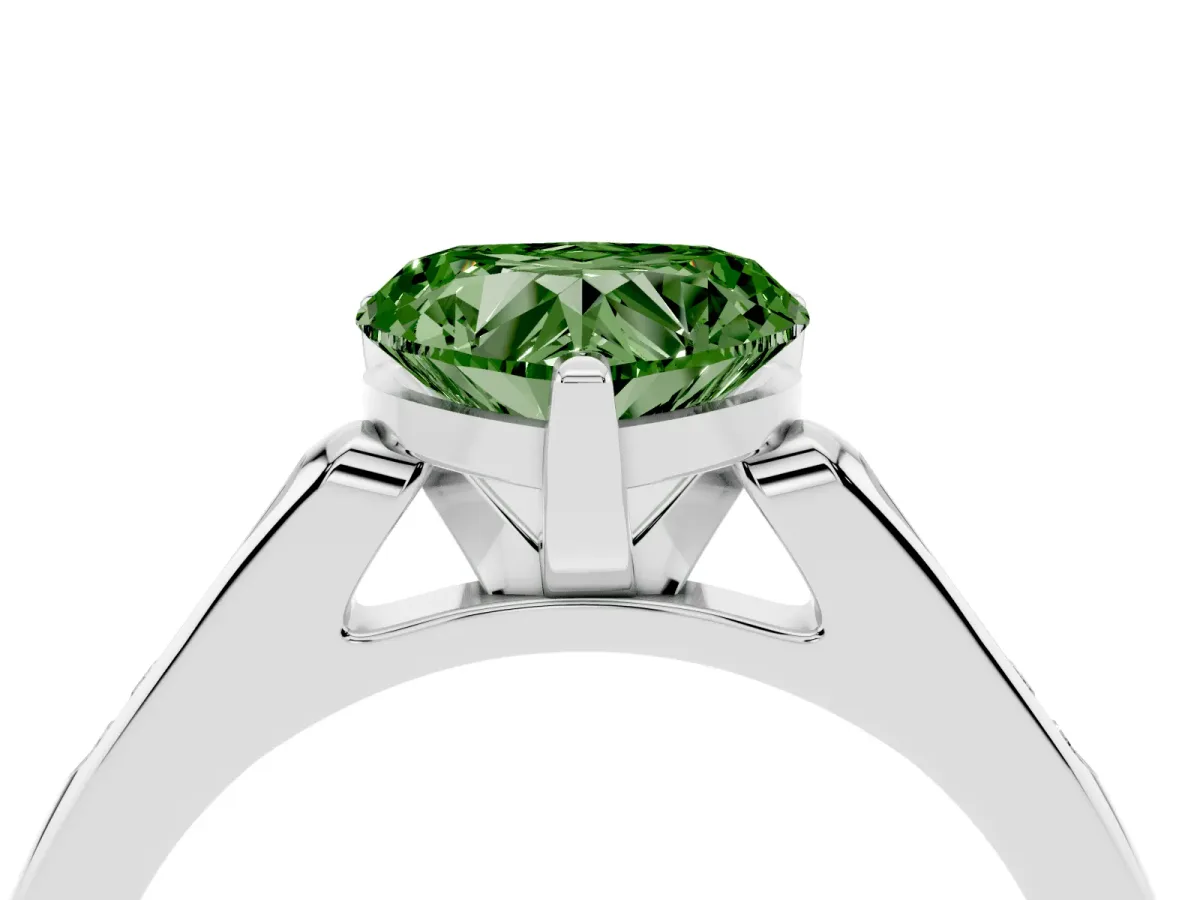 Fancy Green Heart Cut Diamond Solitaire Ring with Channel Set Round Band and Prong Setting Platinum