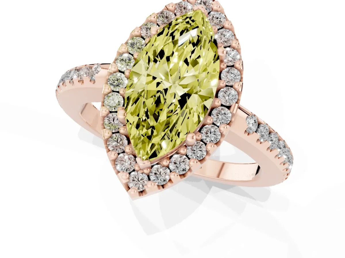 Fancy Yellow Marquise Cut Diamond Pavé Halo Ring with Four-Prong Setting Rose gold
