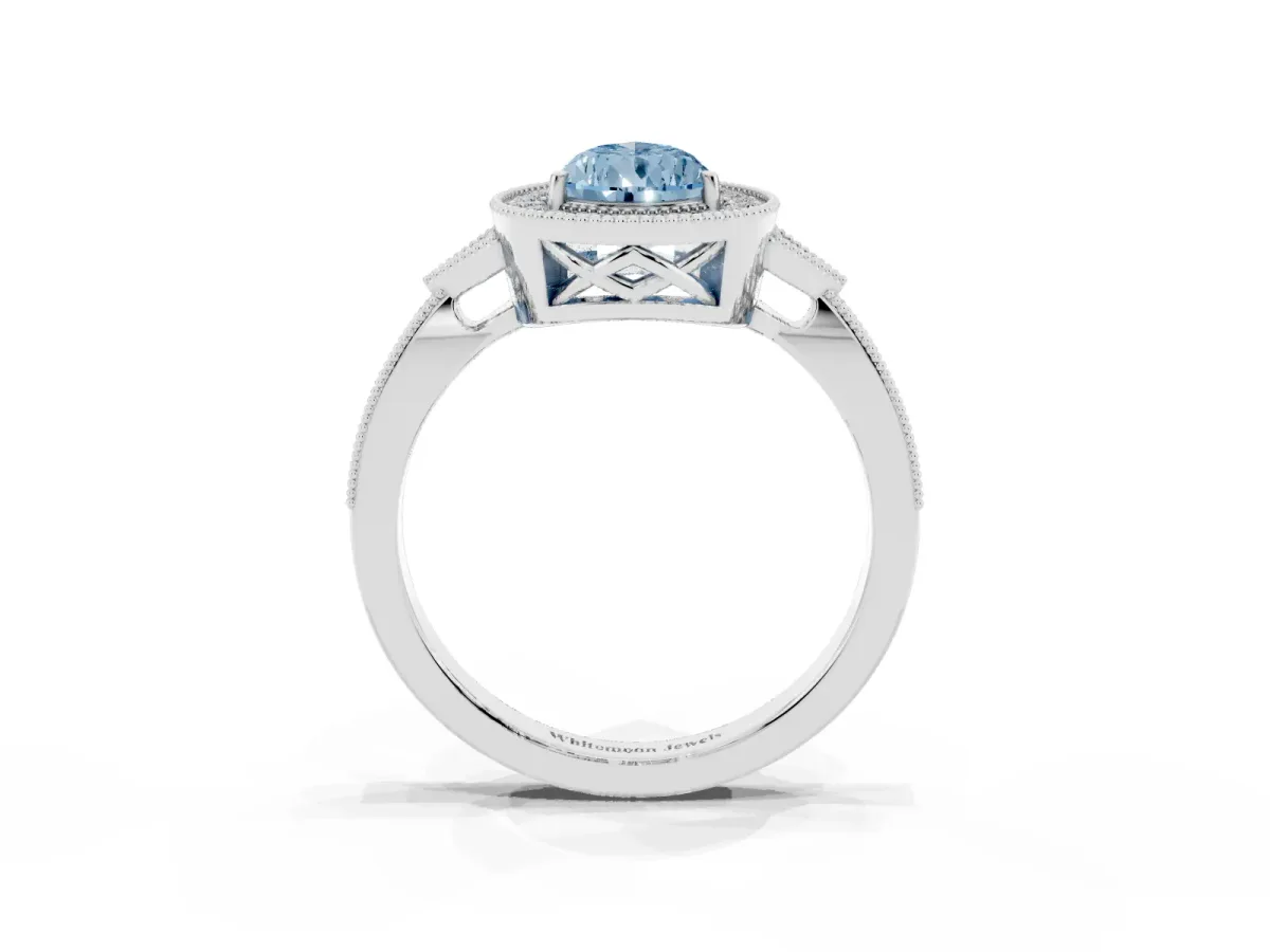 Fancy Blue Pear Cut Halo Round Diamond Milgrain Pave Engagement Ring Silver