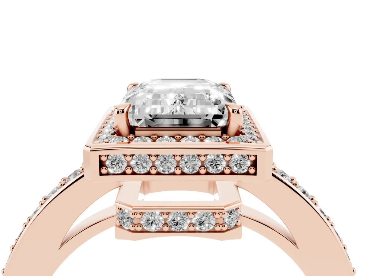 Emerald Cut Halo Pave Band Solitaire Ring with Prong Setting Rose gold