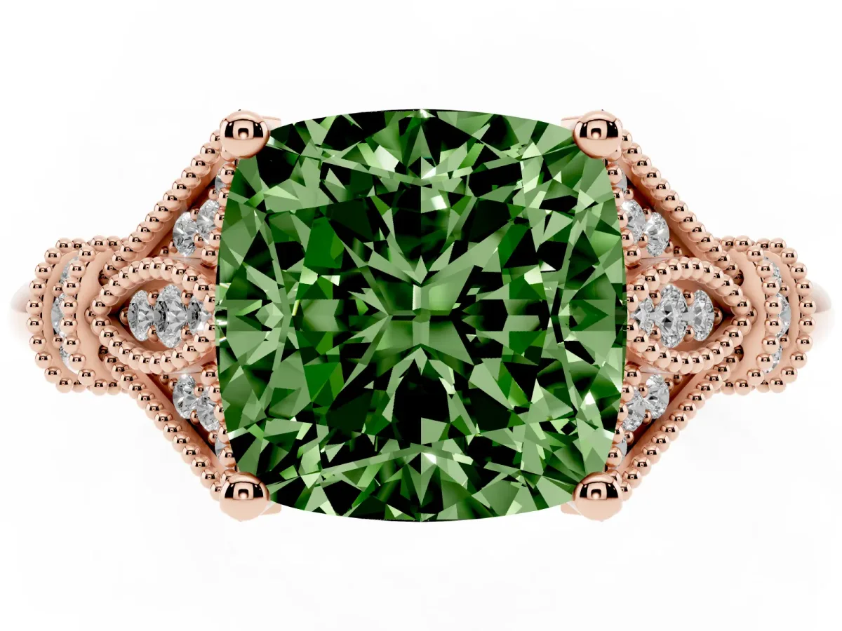 Fancy Green Cushion Cut Diamond Solitaire Ring with Floral Filigree and Pave Accents Rose gold