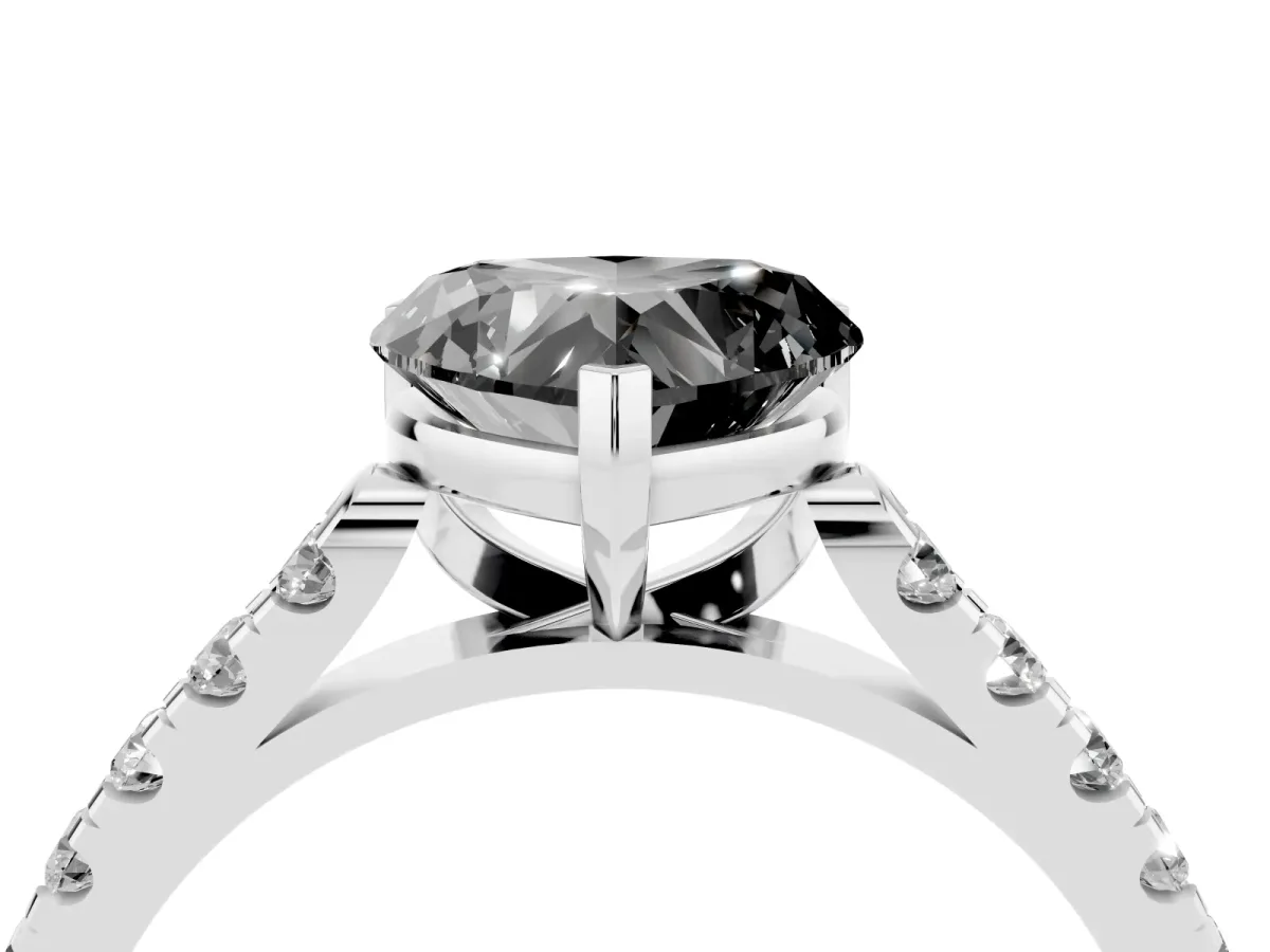 Fancy Black Heart Cut Diamond Pavé Band Solitaire Ring with Prong Setting Silver