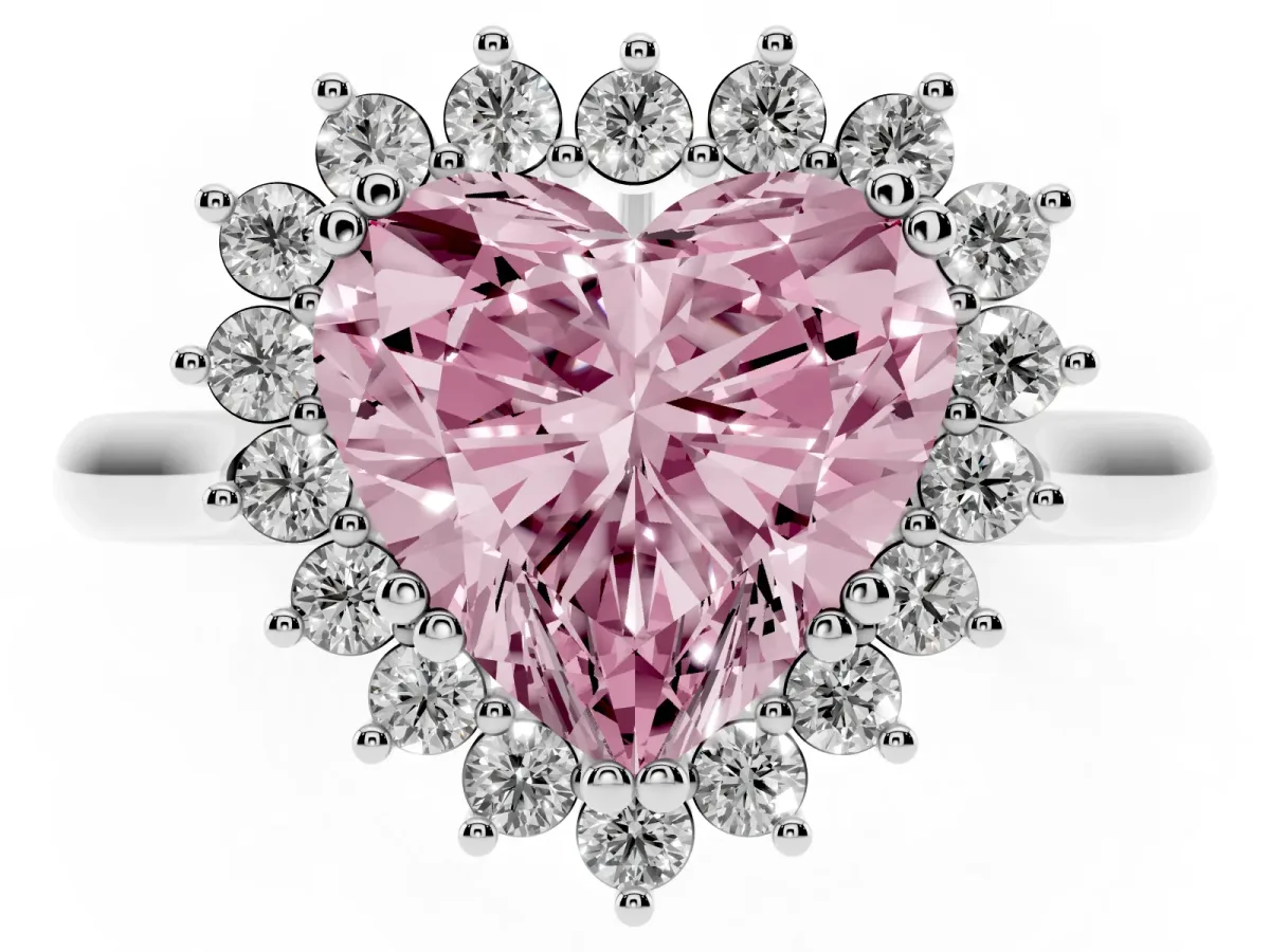 Fancy Pink Heart Cut Cut Diamond Halo Ring with Solitaire Band and Prong Setting Platinum