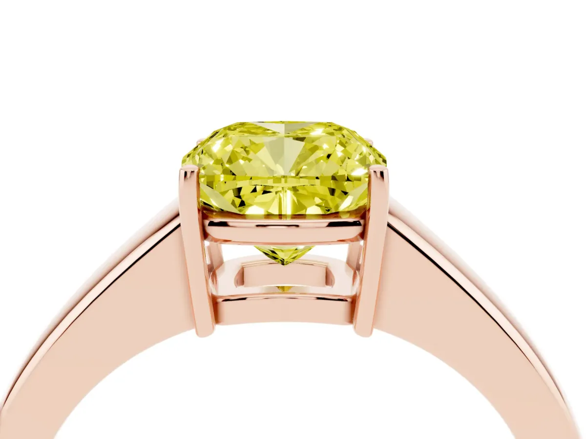 Fancy Yellow Cushion Cut Solitaire Diamond Ring with Tapered Band and Four-Prong Setting Rose gold