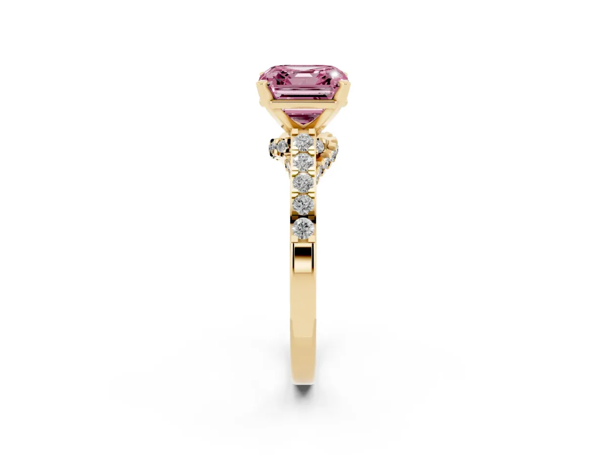 Fancy Pink Asscher Cut Diamond Solitaire Ring with Crossover Gallery and Round Pavé Band Yellow gold
