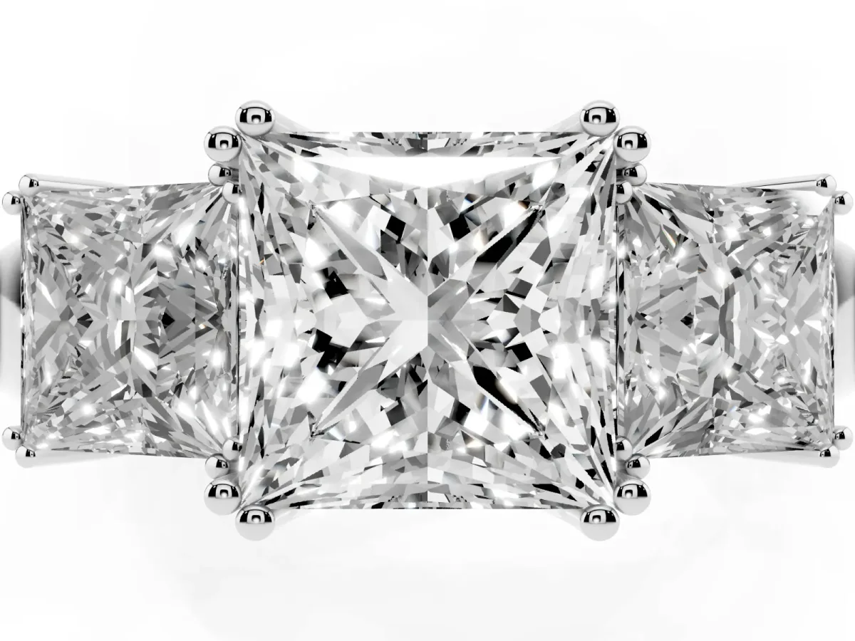 Three-Stone Princess Cut Cut Diamond Ring with Channel Set Band and Four-Prong Setting Silver