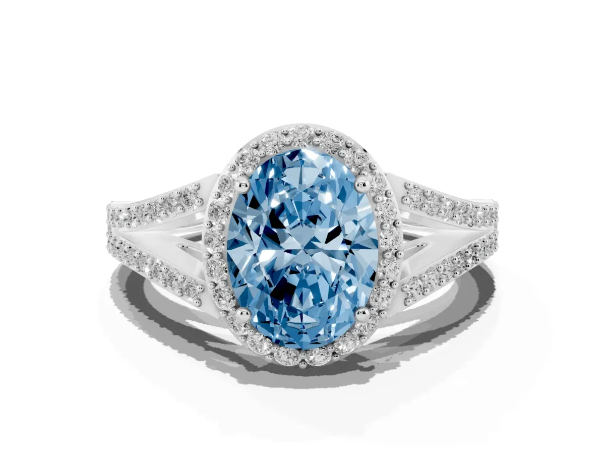 Fancy Blue Oval Cut Halo Split Shank Diamond Ring with Prong Setting Platinum