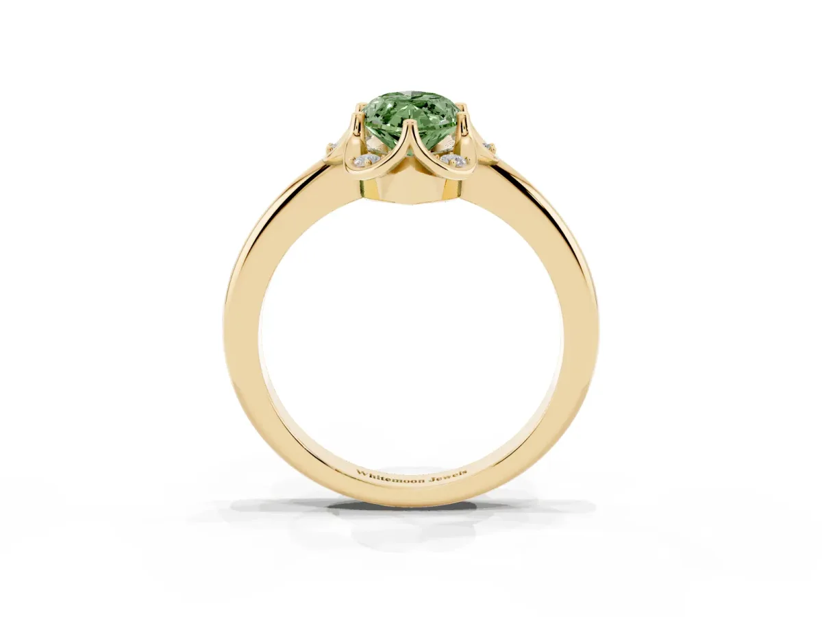 Fancy Green Marquise Cut Halo Diamond Ring with Round Cluster Setting, Solitaire Band, and Four-Prong Setting Yellow gold