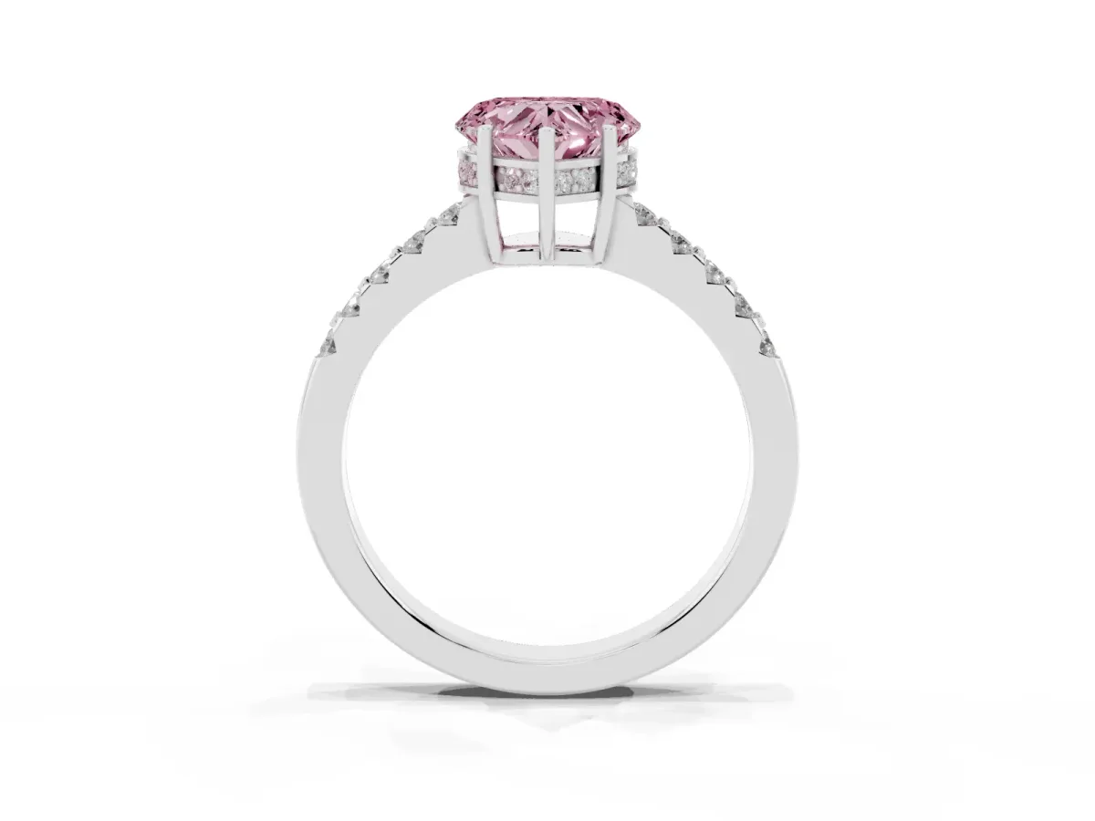 Fancy Pink Heart Cut Solitaire Diamond Engagement Ring with Pavé Band and Six-Prong Setting Platinum
