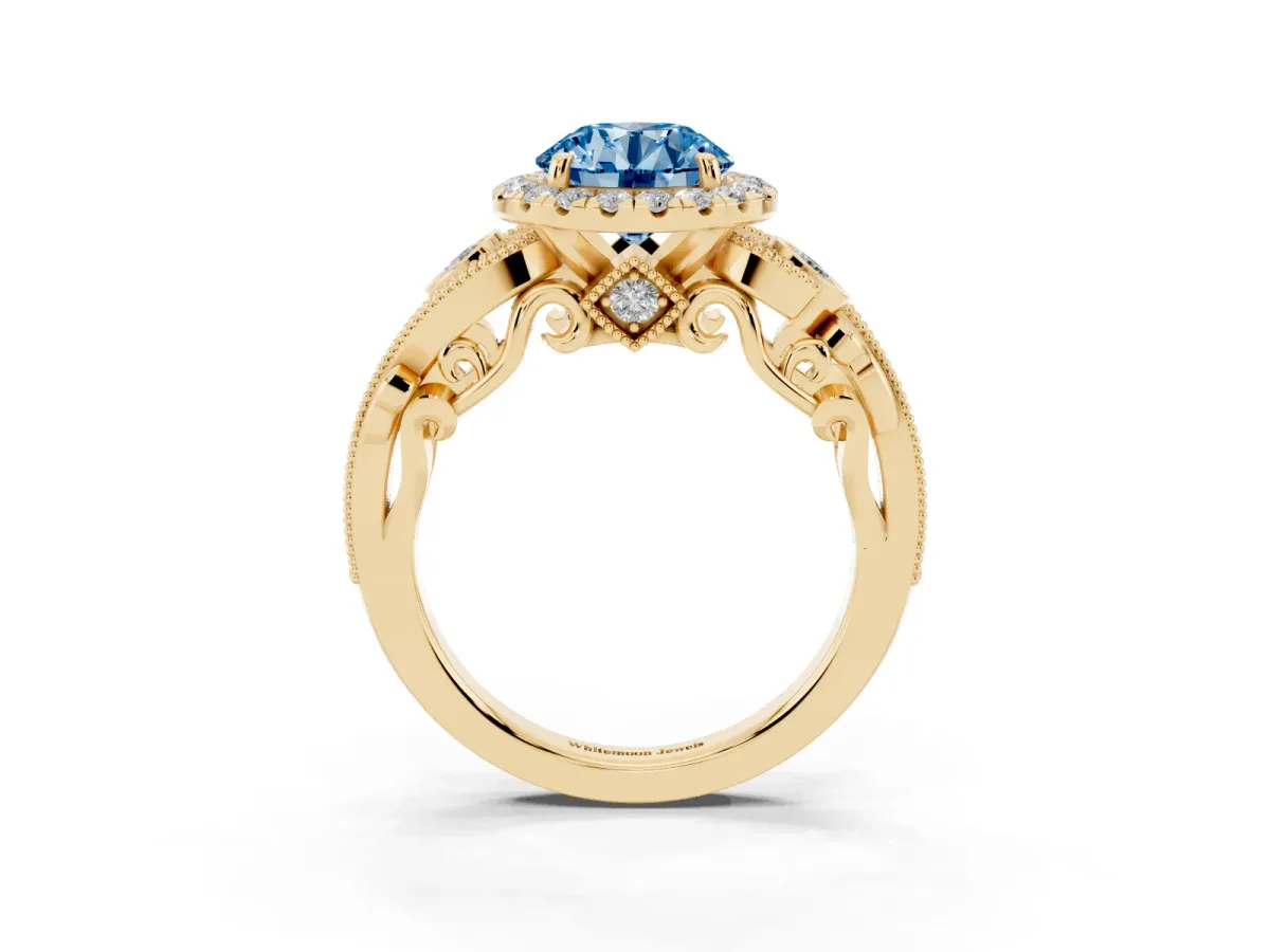 Fancy Blue Round Cut Diamond Halo Ring with Milgrain Pavé Band and Four-Prong Setting Yellow gold