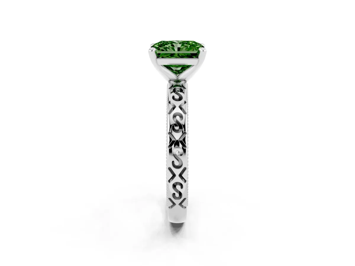 Fancy Green Radiant Cut Solitaire Engagement Ring with Scrollwork Band and Four-Prong Setting Silver