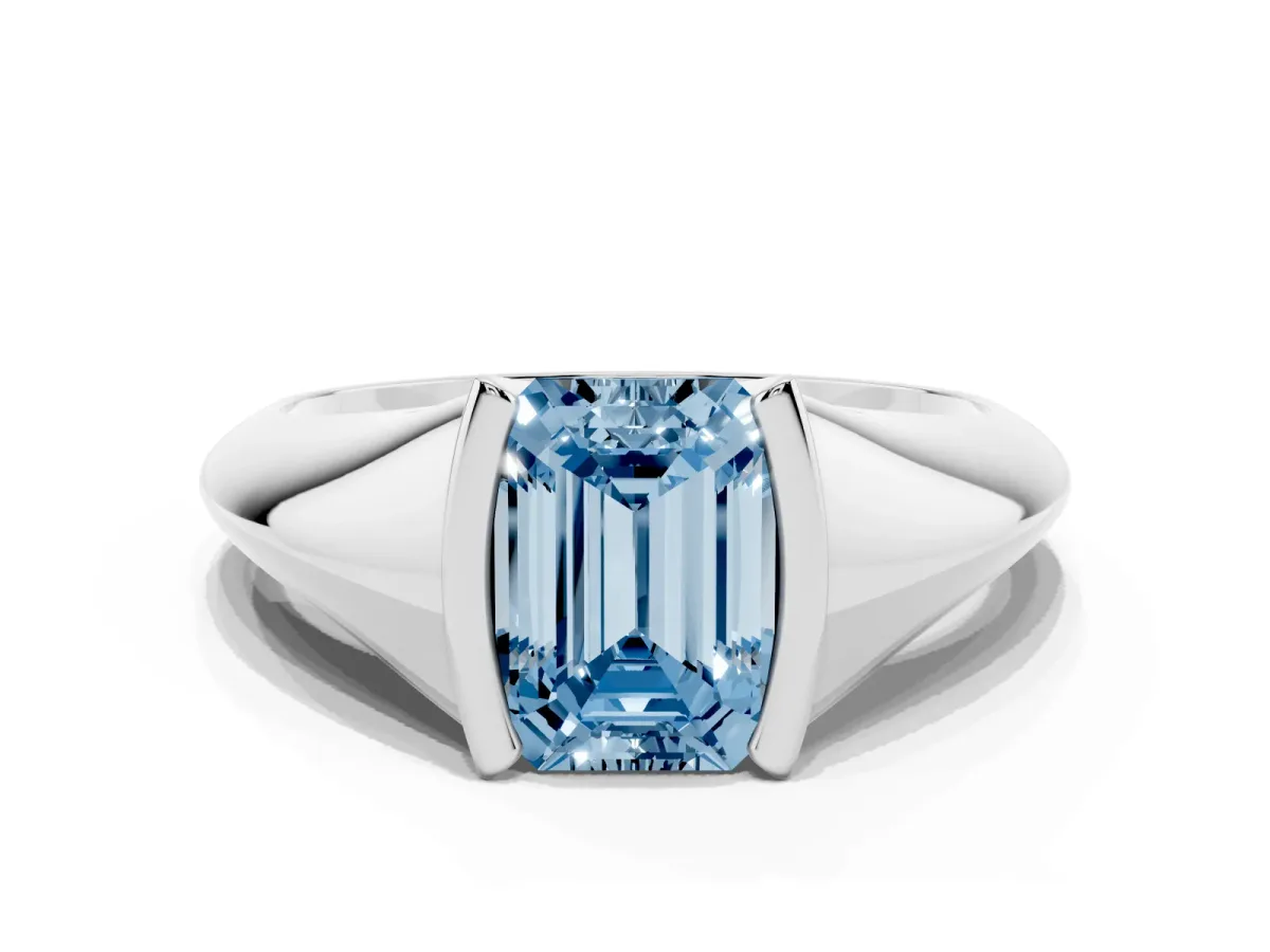 Fancy Blue Emerald Cut Solitaire Tension Set Diamond Ring White gold