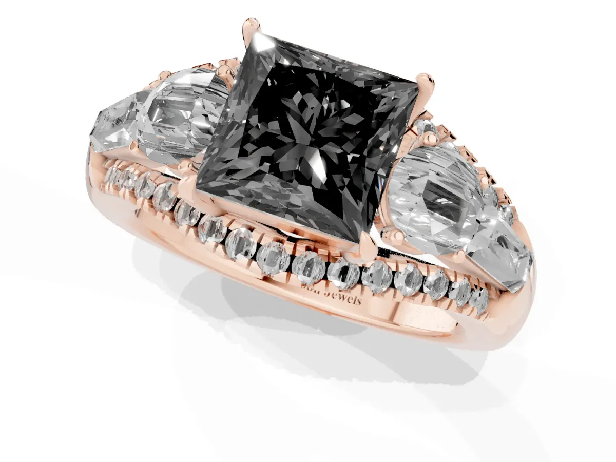 Fancy Black Three-Stone Princess Cut Diamond Engagement Ring with Pave Band and Prong Setting Rose gold