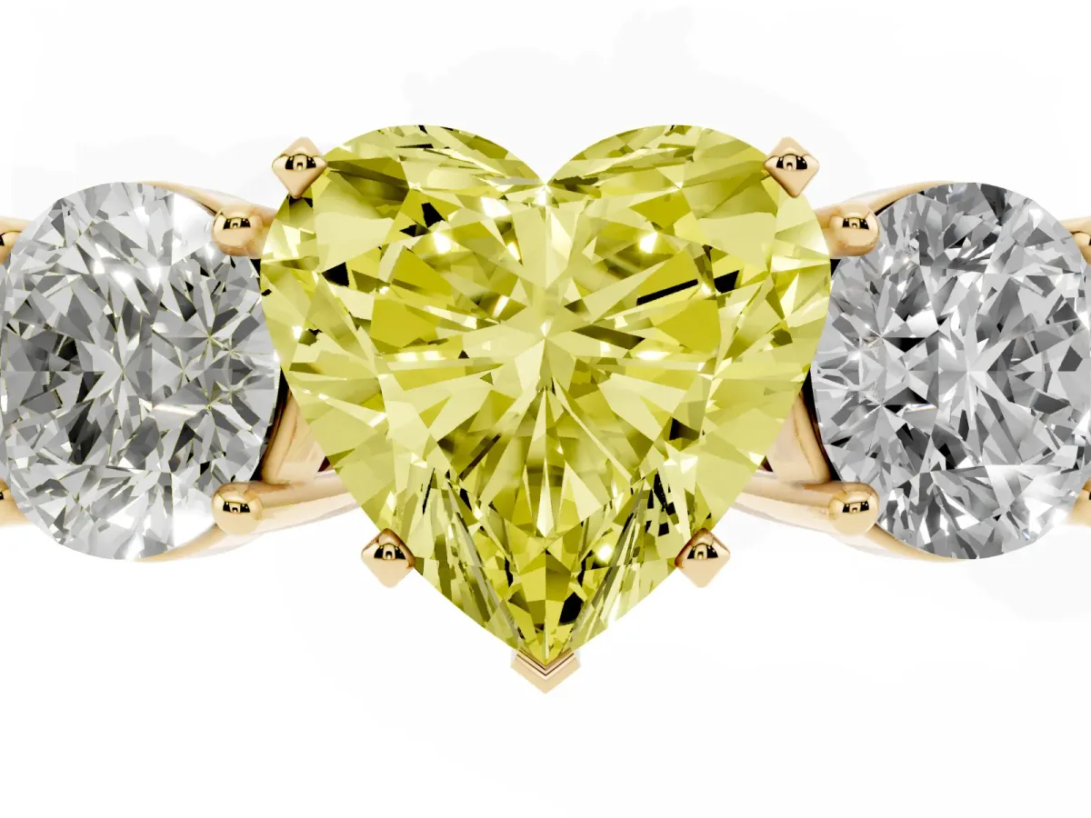 Fancy Yellow Three-Stone Heart Cut Diamond Ring with Round Side Stones, Classic Band, and Four-Prong Setting Yellow gold