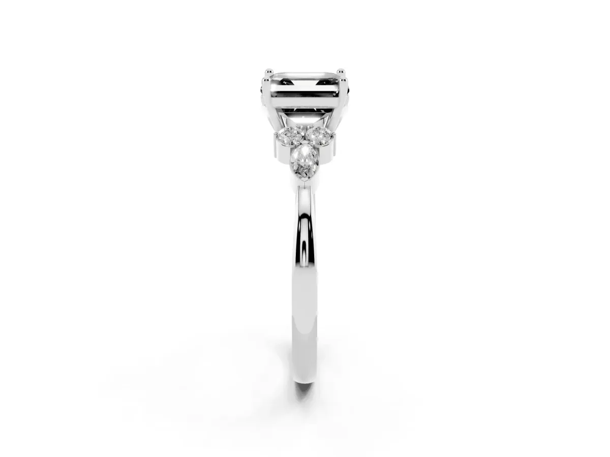 Fancy Black Asscher Cut Brilliant Diamond Solitaire Ring with Pear Side Stones and Four-Prong Setting Silver