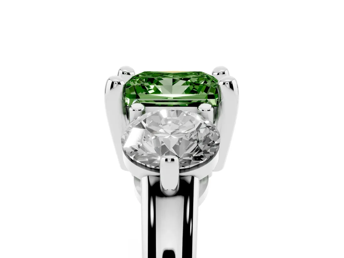 Fancy Green Three-Stone Princess Cut Brilliant Cut Solitaire Ring with Prong Setting on a Classic Band Platinum