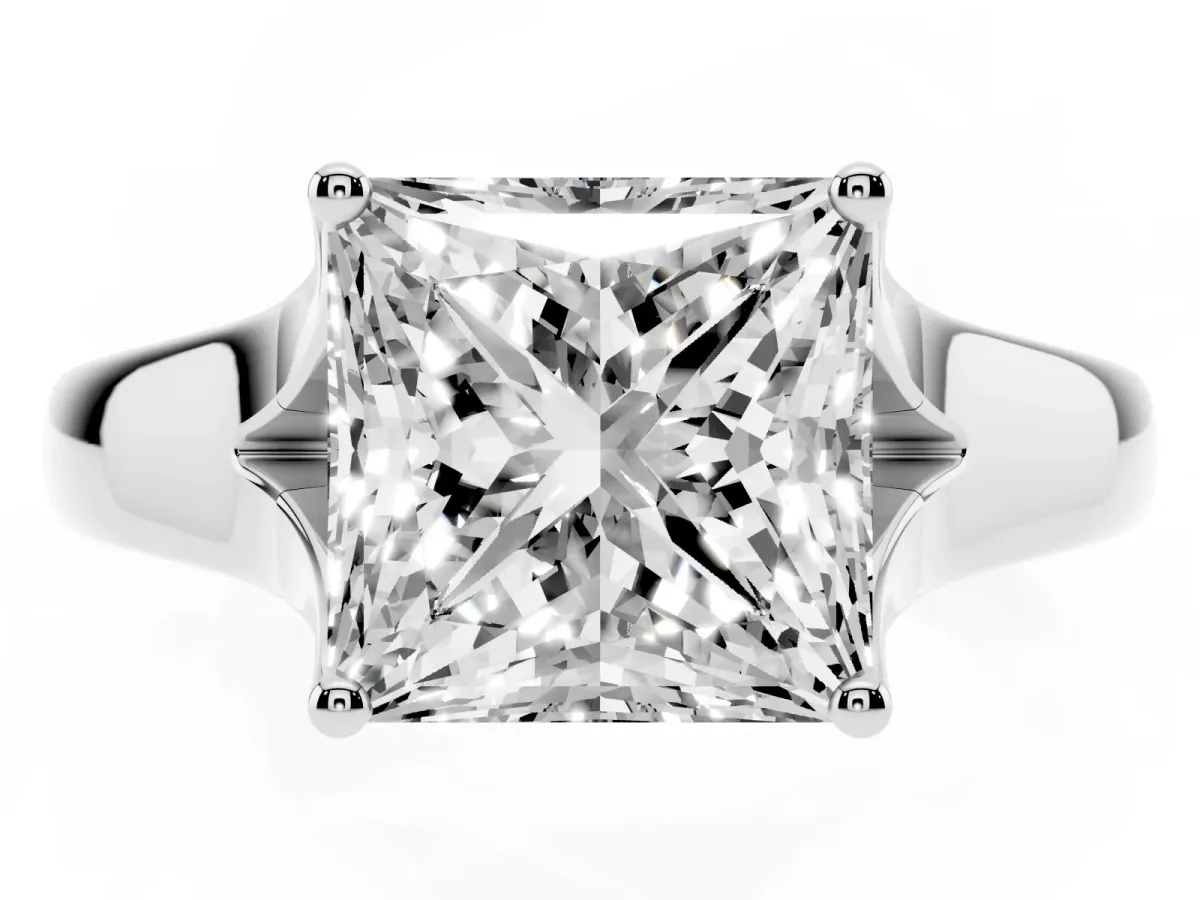 Princess Cut Solitaire Diamond Ring with Cathedral Band and Four-Prong Setting Silver