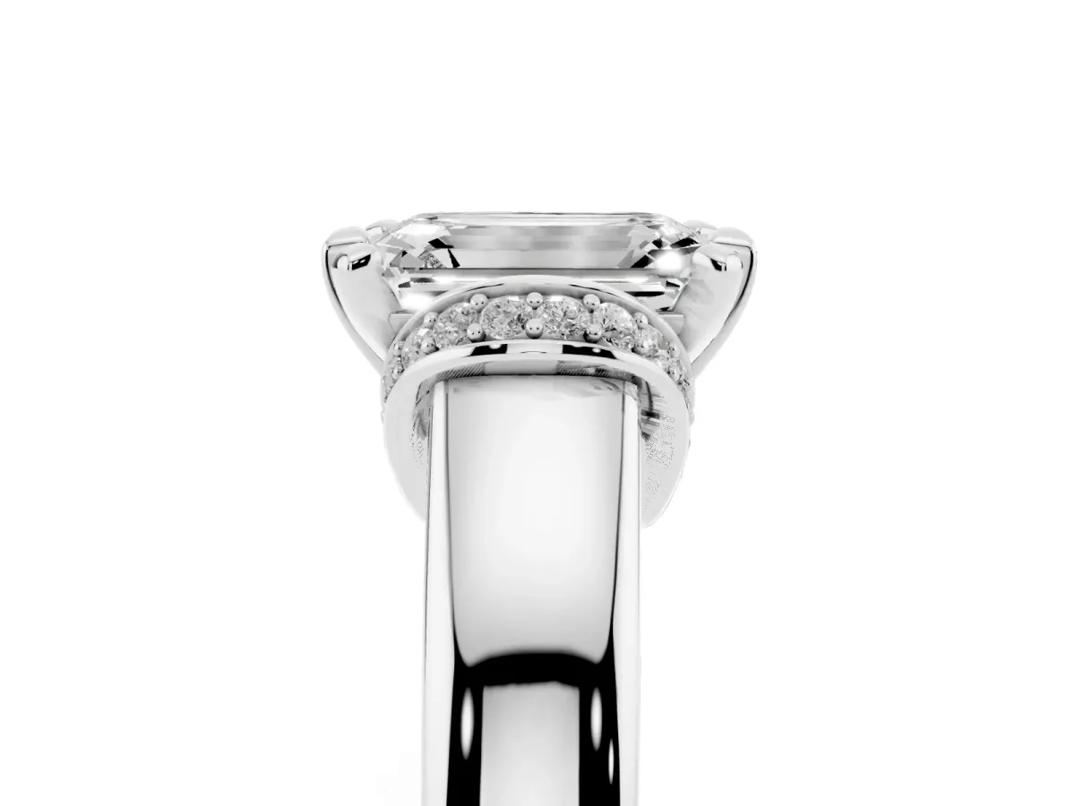 Emerald Cut Solitaire Diamond Ring with Pave Band and Six-Prong Setting Platinum