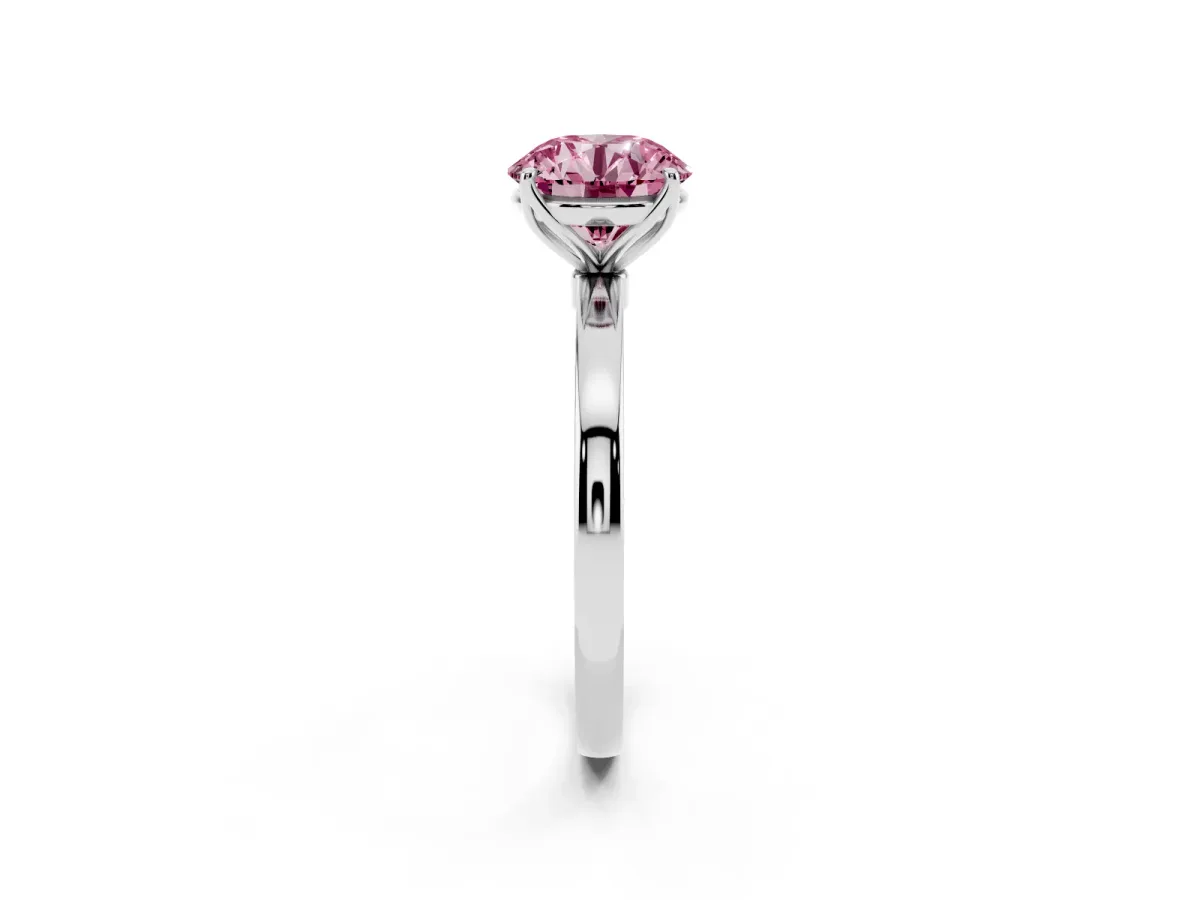 Fancy Pink Round Cut Diamond Solitaire Ring with Thin Band and Prong Setting Platinum