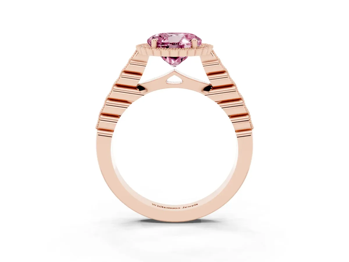 Fancy Pink Round Cut Cut Halo Pavé Solitaire Ring with Milgrain Band Rose gold
