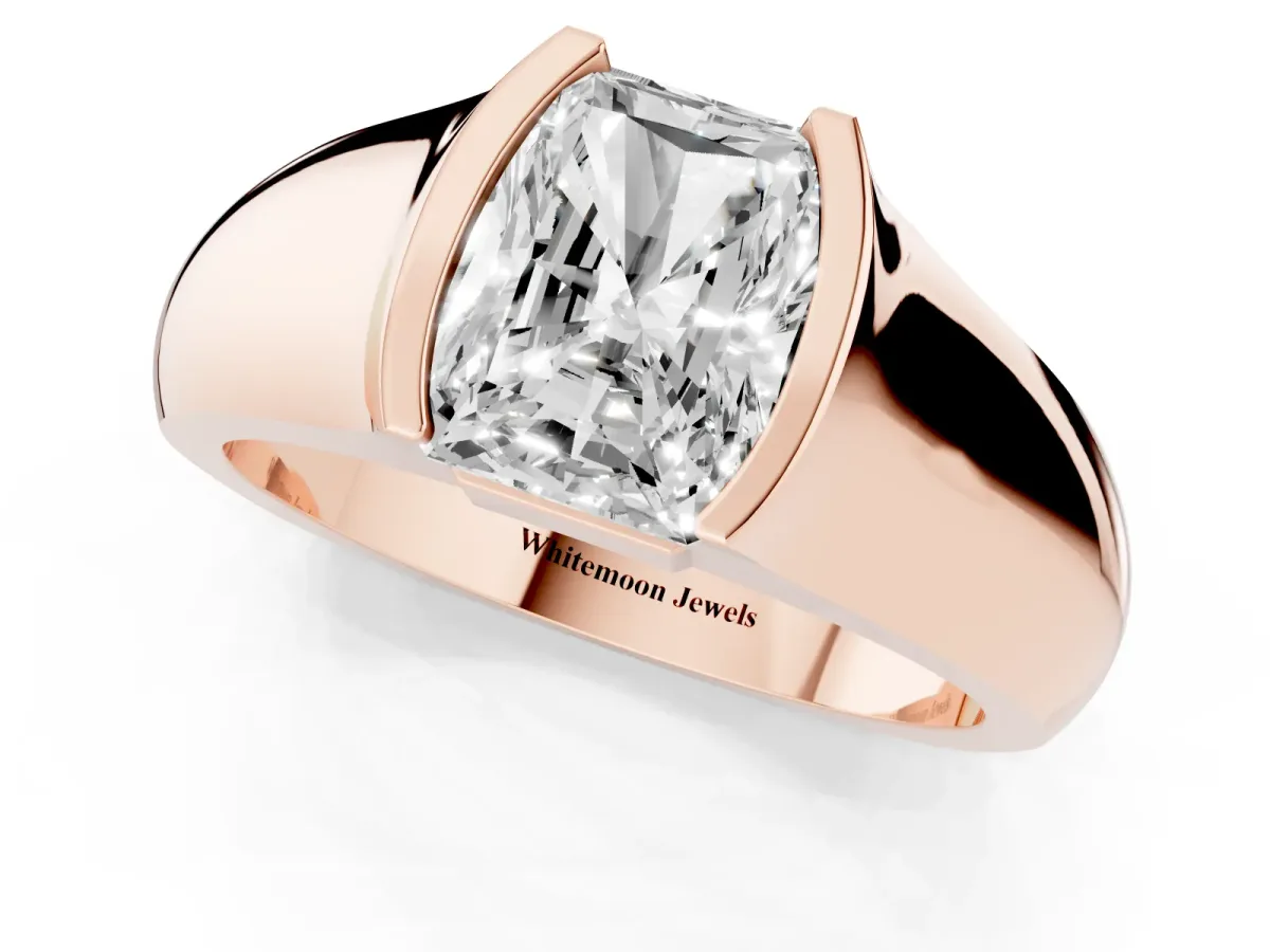 Radiant Cut Solitaire Bezel Set Diamond Ring with Wide Band Rose gold