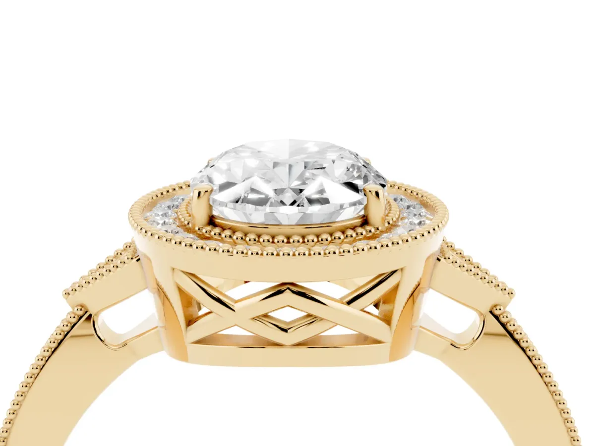 Oval Cut Halo Round Diamond Milgrain Pave Engagement Ring Yellow gold