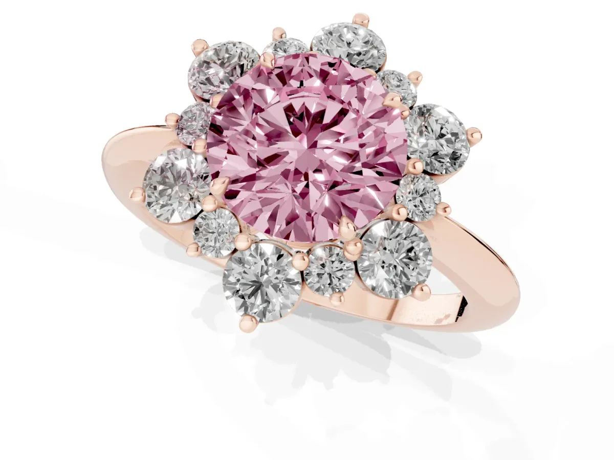 Fancy Pink Round Cut Diamond Cluster Halo Ring with Solitaire Band and Four-Prong Setting Rose gold