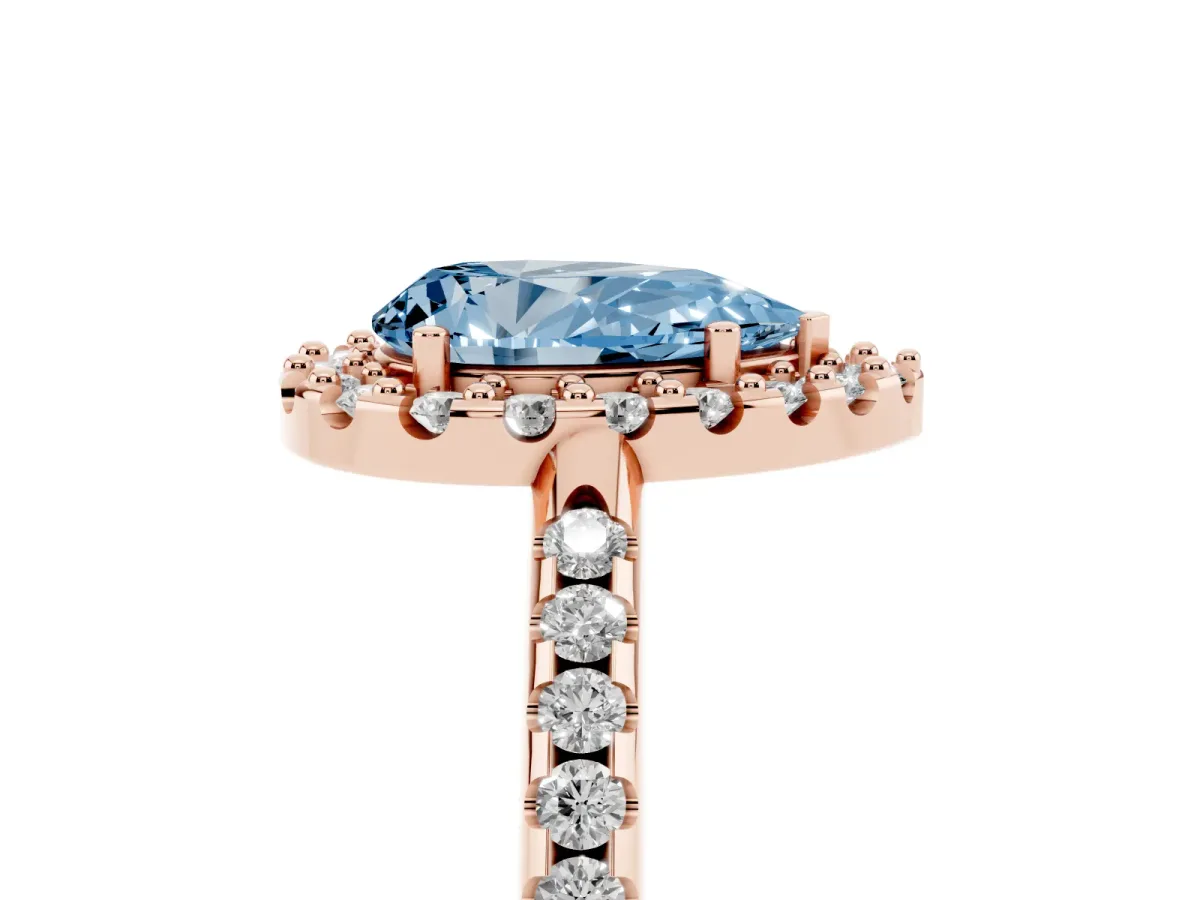 Fancy Blue Pear Cut Diamond Pavé Halo Ring with Four-Prong Setting Rose gold