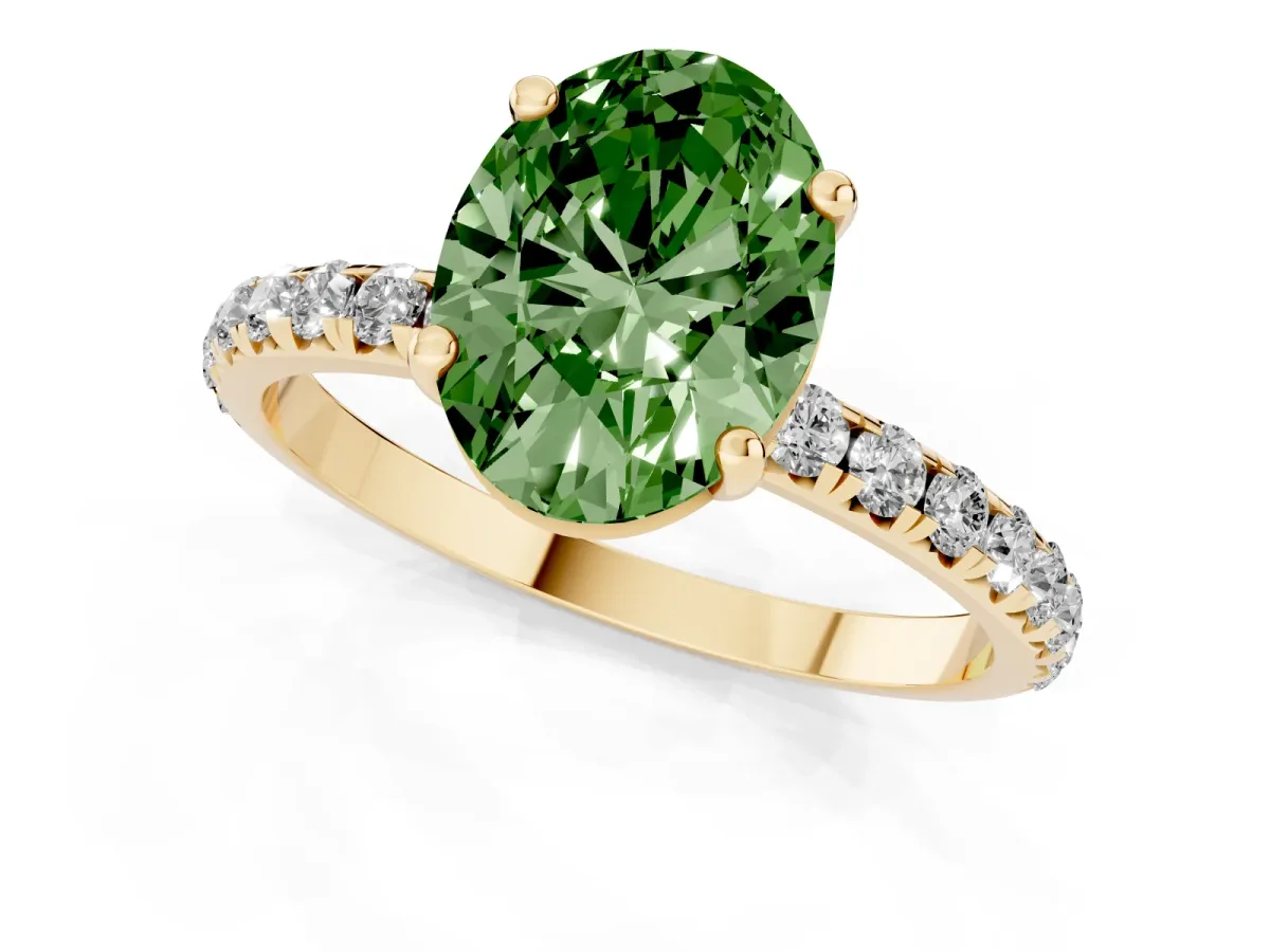 Fancy Green Oval Cut Cut Diamond Solitaire Ring with Micro Pave Band and Four Prong Setting Yellow gold