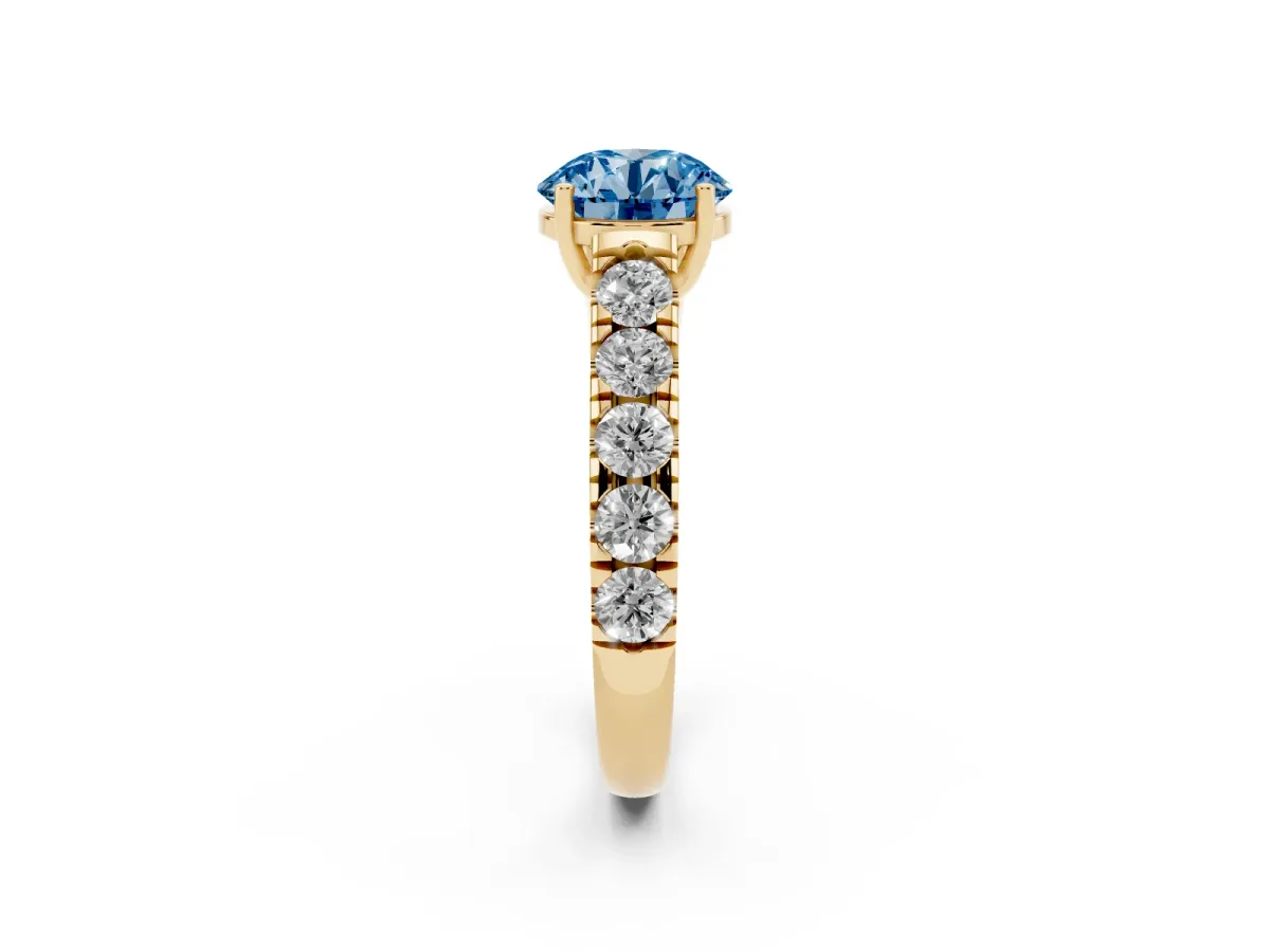 Fancy Blue Round Cut Cut Diamond Solitaire Ring with Micro Pave Band and Prong Setting Yellow gold