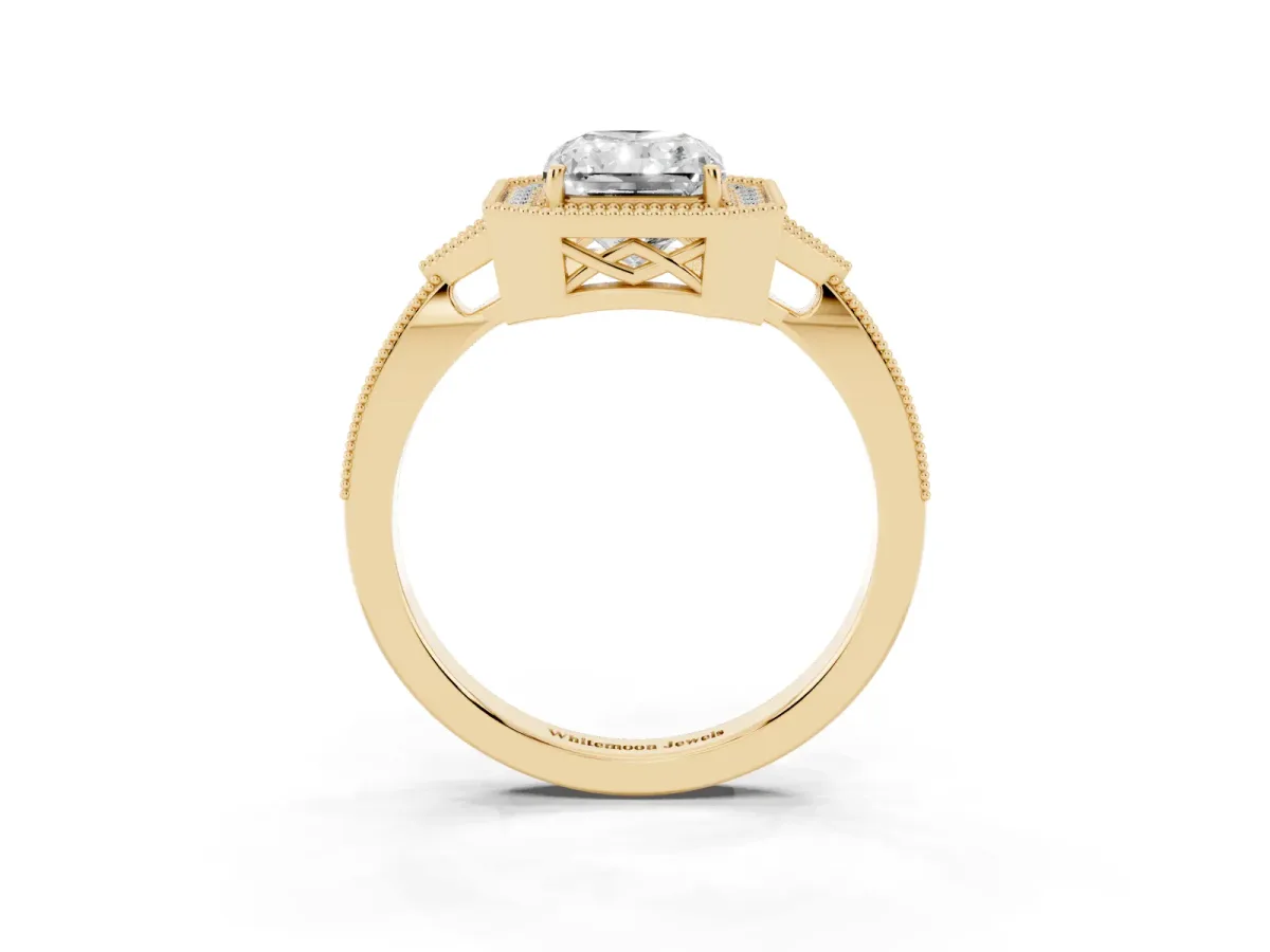 Radiant Cut Halo Round Diamond Milgrain Pave Engagement Ring Yellow gold
