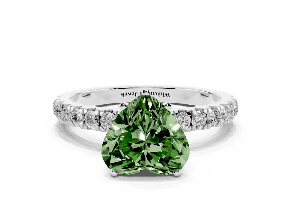 Fancy Green Heart Cut Diamond Solitaire Ring with Pavé Accents and Four-Prong Setting Platinum