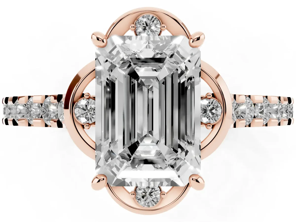 Emerald Cut Diamond Ring with Pavé Band and Floral Prong Setting Rose gold