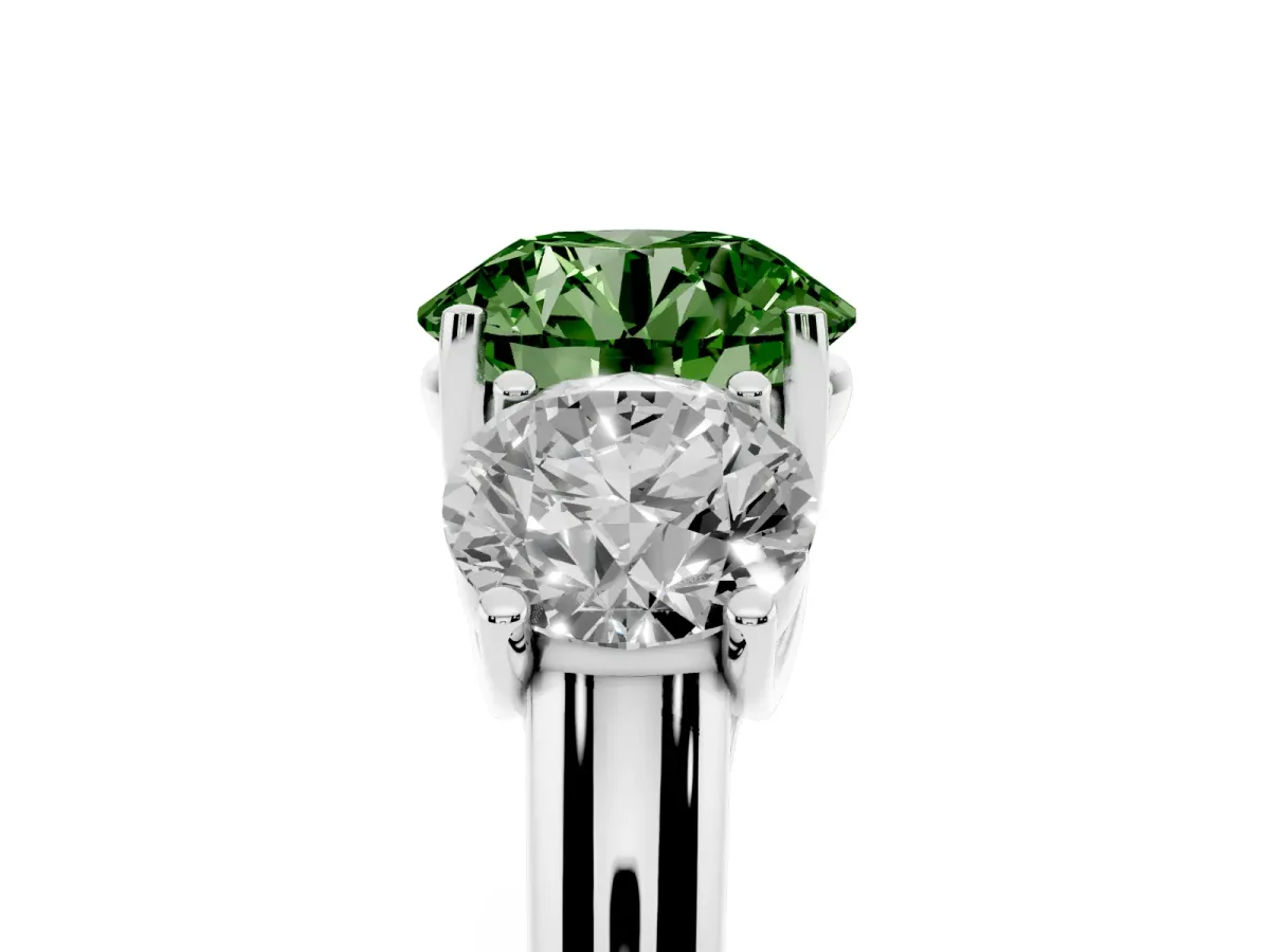 Fancy Green Three-Stone Round Cut Diamond Engagement Ring with Prong Setting Platinum