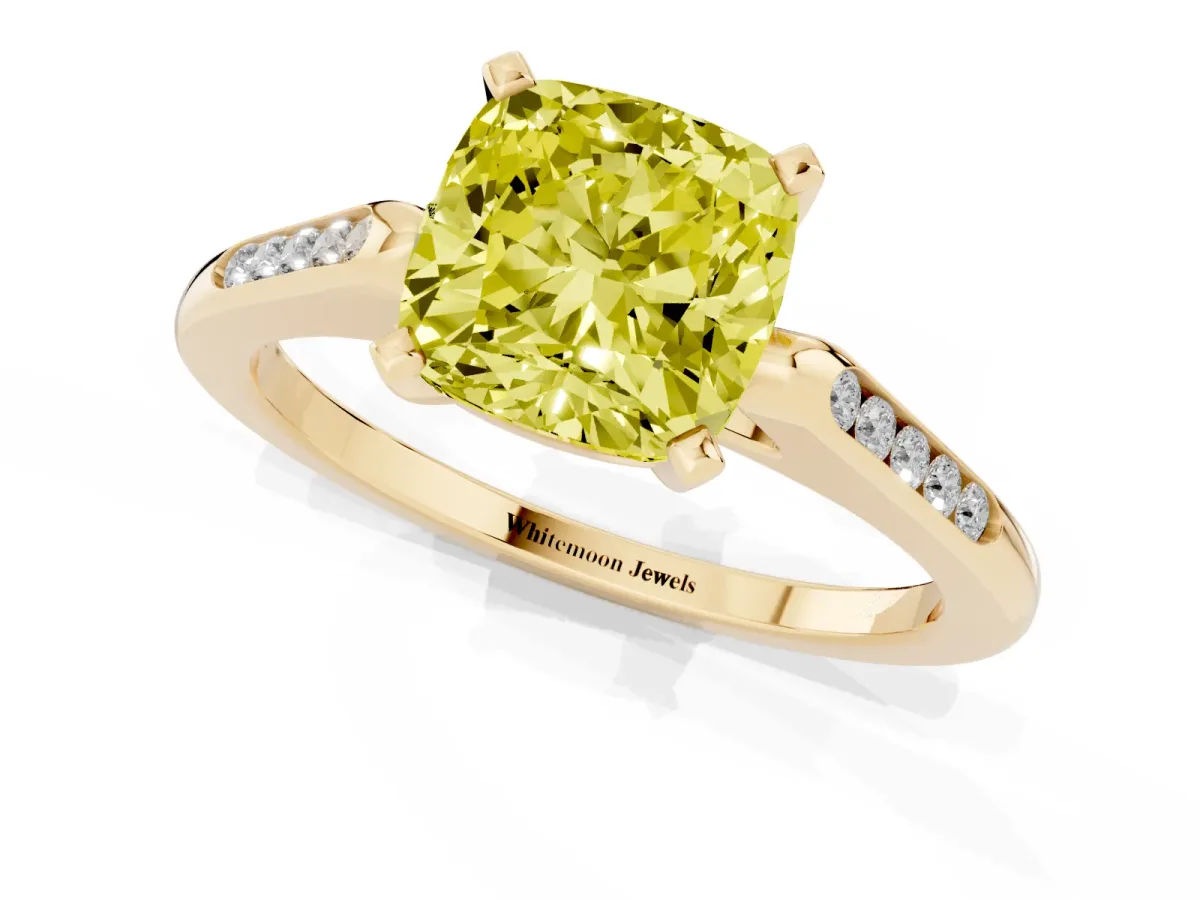 Fancy Yellow Cushion Cut Diamond Solitaire Ring with Channel Set Round Band and Prong Setting Yellow gold