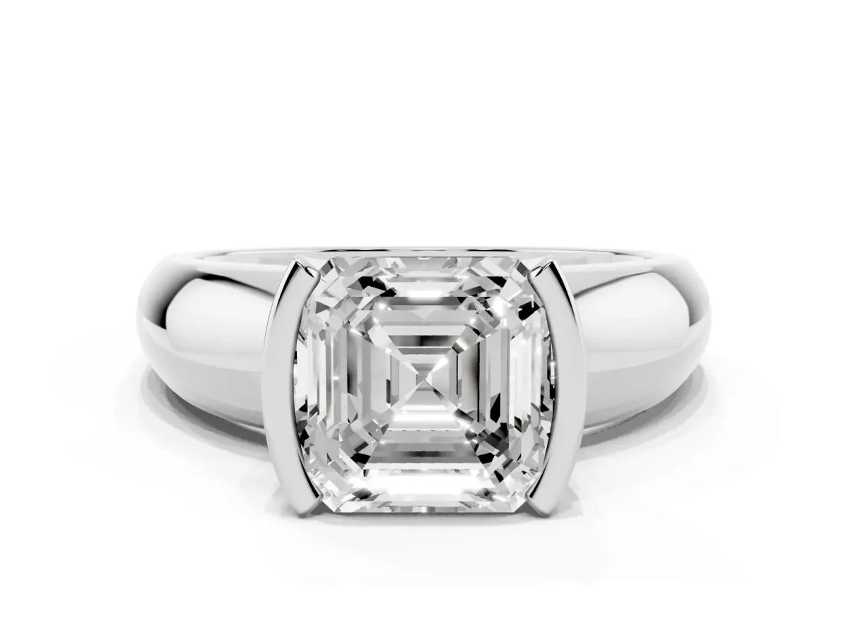 Asscher Cut Solitaire Tension Set Diamond Ring with Wide Band Platinum