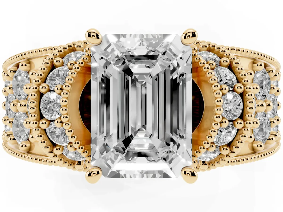 Emerald Cut Halo Pave Diamond Engagement Ring with Milgrain Detailing Yellow gold