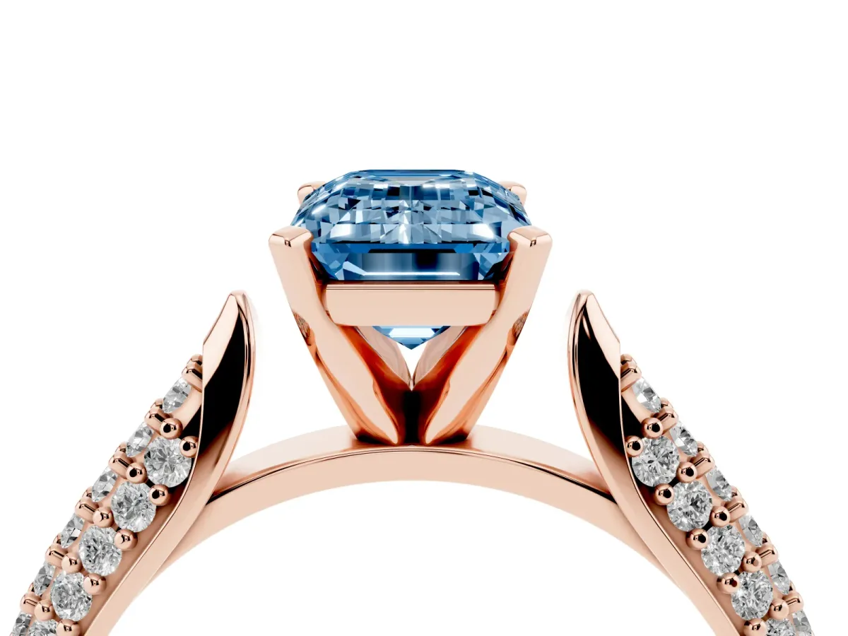 Fancy Blue Emerald Cut Diamond Solitaire Engagement Ring with Multi-Row Round Pavé Band and Prong Setting Rose gold