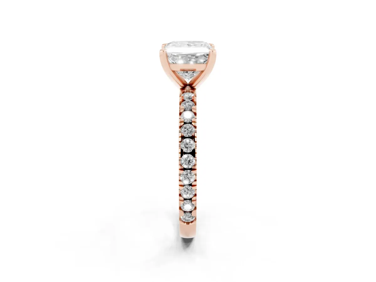 Princess Cut Diamond Pavé Band Solitaire with Four-Prong Setting Rose gold