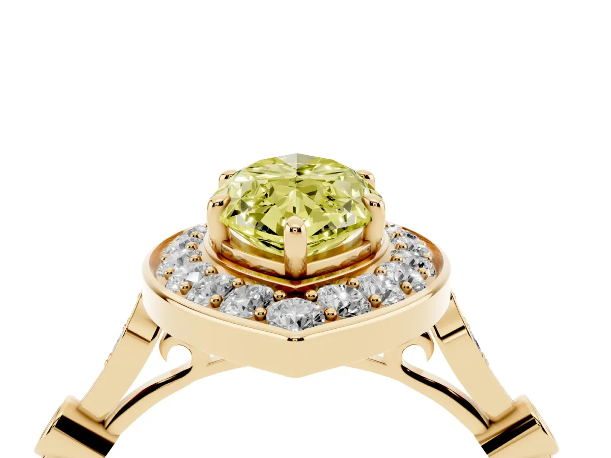 Fancy Yellow Marquise Cut Halo Diamond Engagement Ring with Twisted Band and Four-Prong Setting Yellow gold