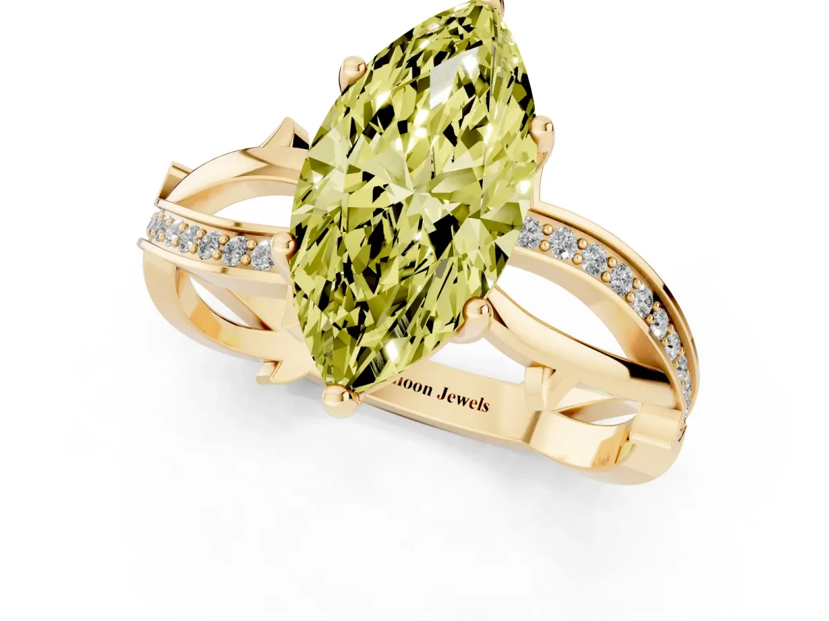 Fancy Yellow Marquise Cut Solitaire Twist Band with Pavé Accents and Four-Prong Setting Yellow gold
