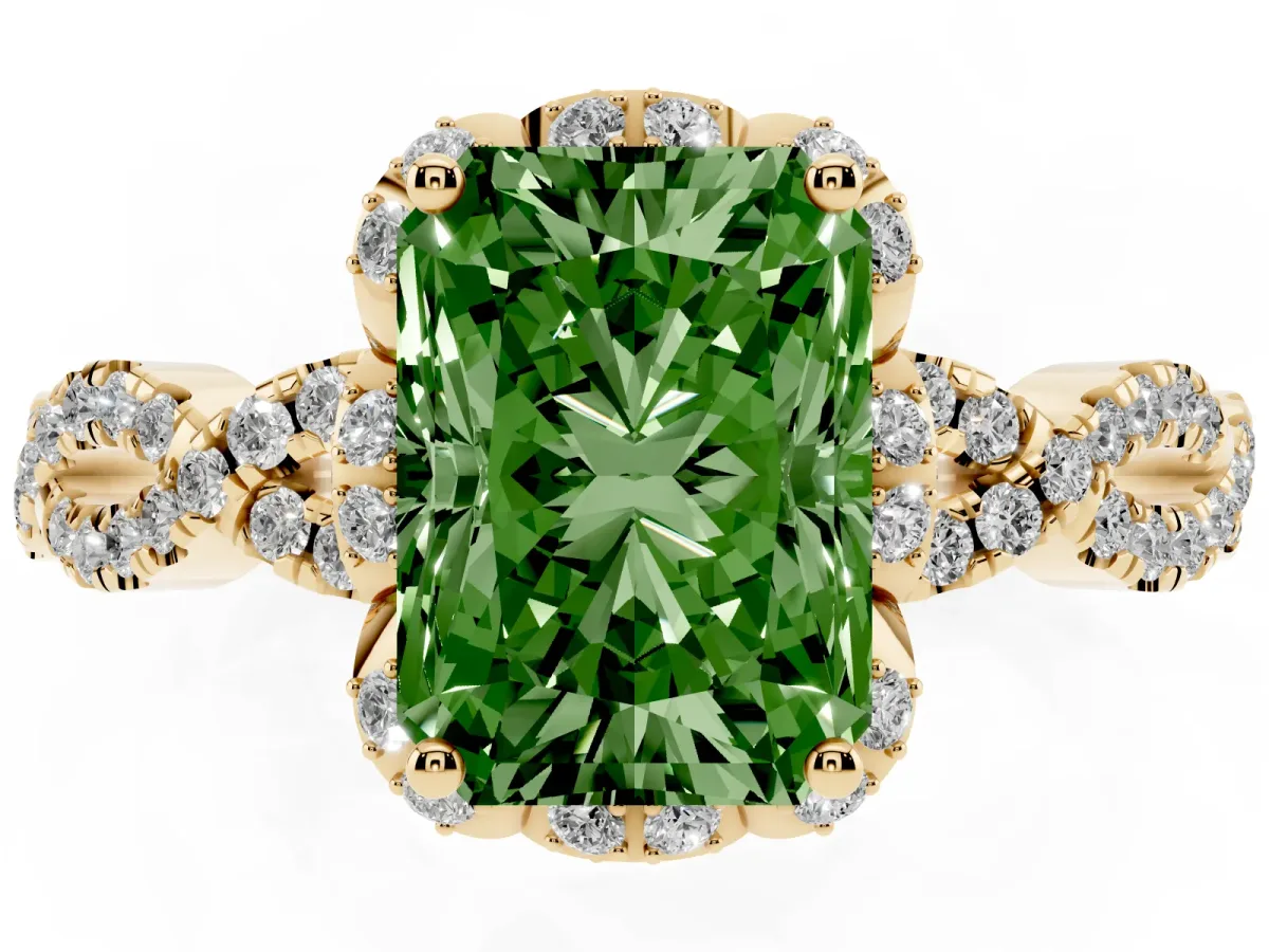 Fancy Green Radiant Cut Halo Twist Band Solitaire Ring with Six-Prong Setting Yellow gold