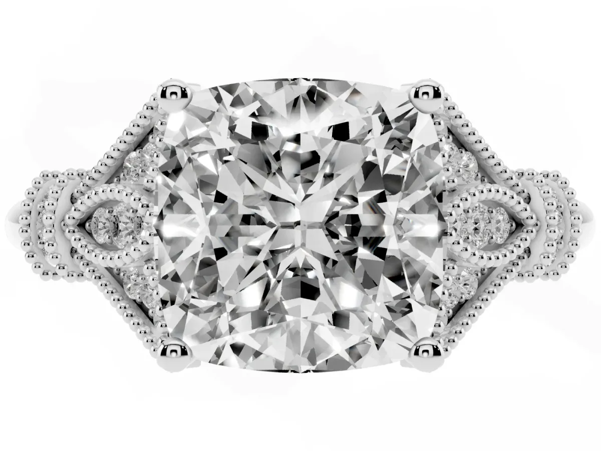 Cushion Cut Diamond Solitaire Ring with Floral Filigree and Pave Accents White gold