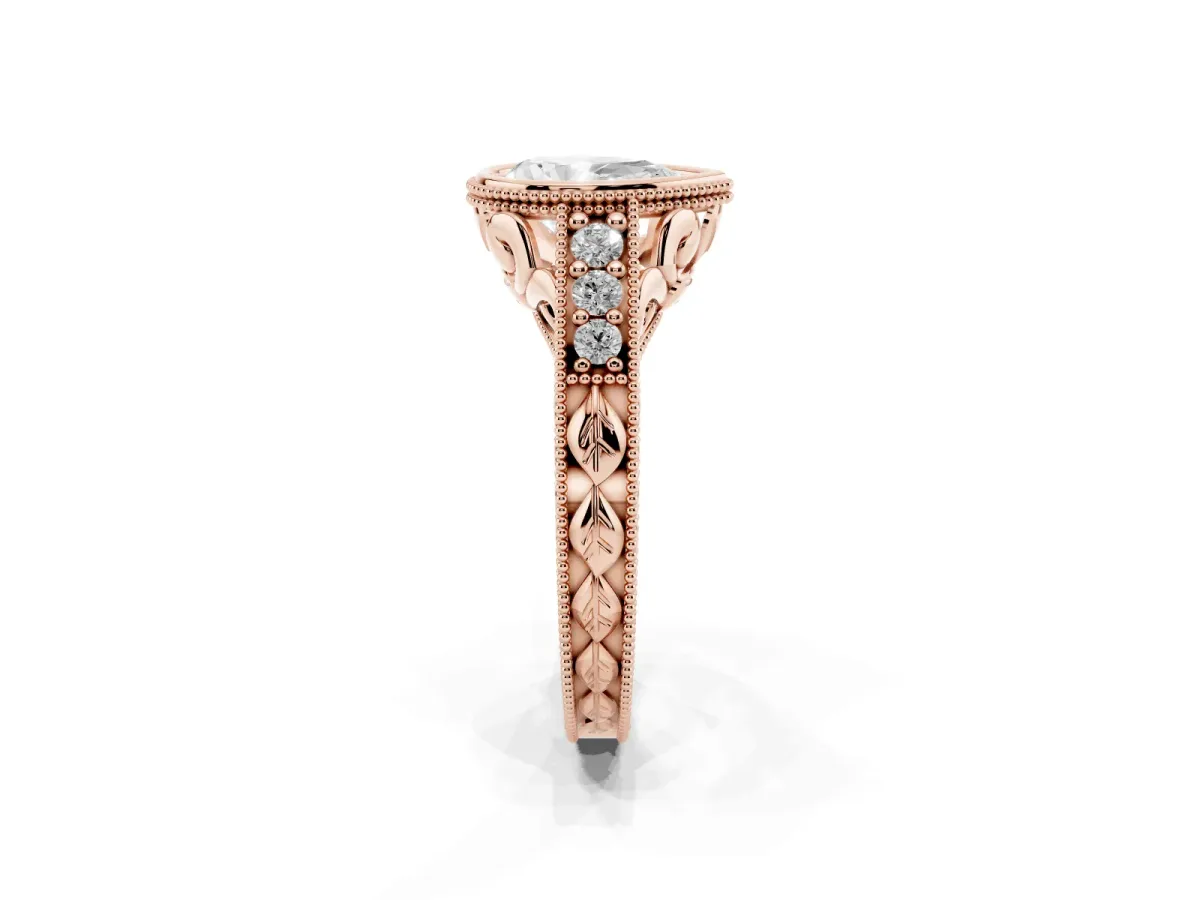 Bezel Set Pear Cut Diamond Milgrain Pave Engagement Ring Rose gold